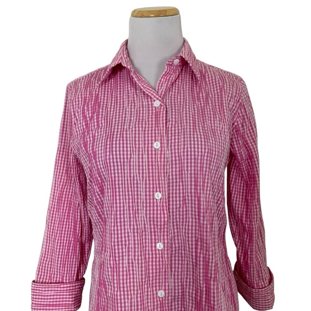 Foxcroft Fitted Gingham Pleated Crinkle Button Up Shirt Women’s 4 Pink Collared